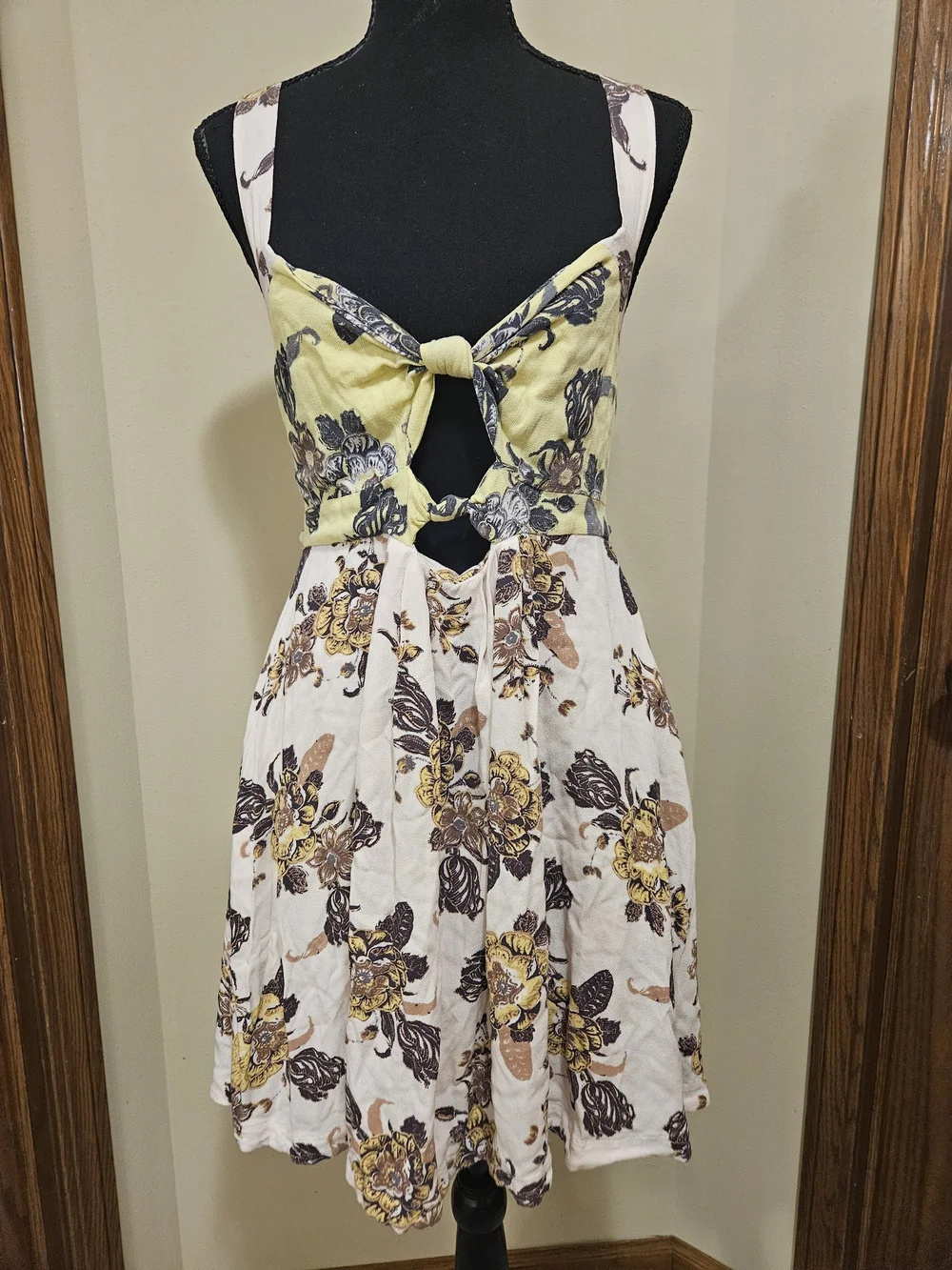 Free People Yellow and Cream Floral Tie-Front Midi Dress